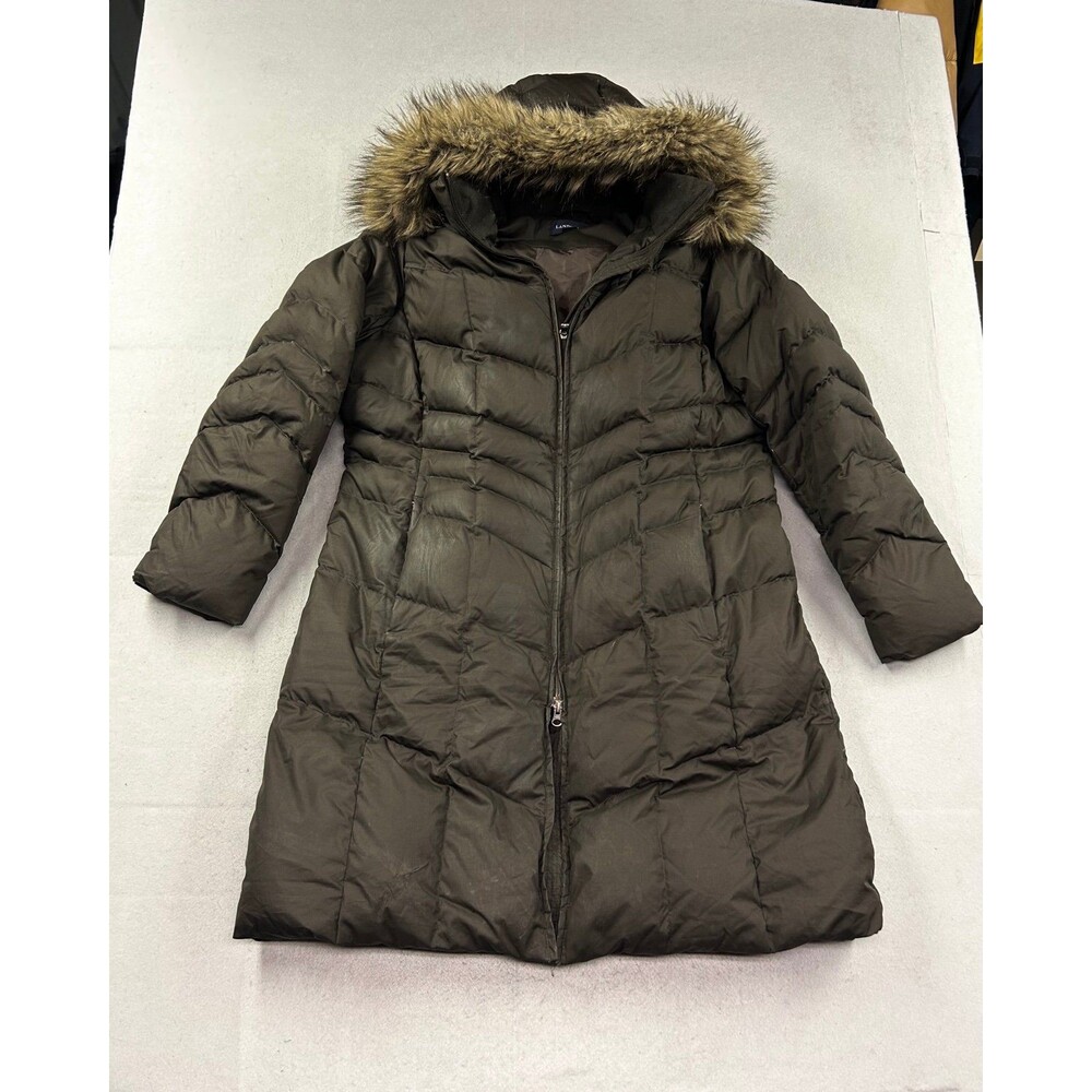 Lands End Women’s Long Puffer Jacket with Fur Hood 1x Brown